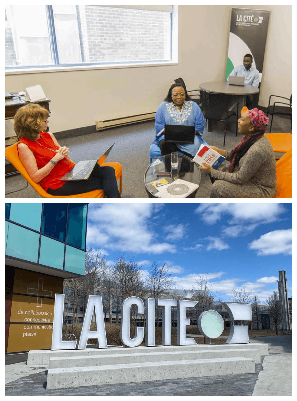 La Citéの屋外看板の横のオフィスで働く4人の従業員のコラージュ画像。