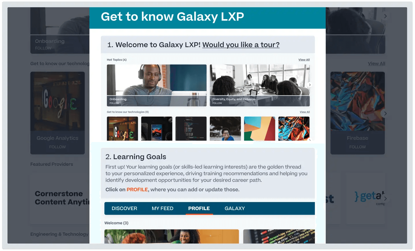Produkt-Screenshot von Cornerstone Galaxy LXP, einschließlich Optionen für eine Produkttour oder das Festlegen von Lernzielen.